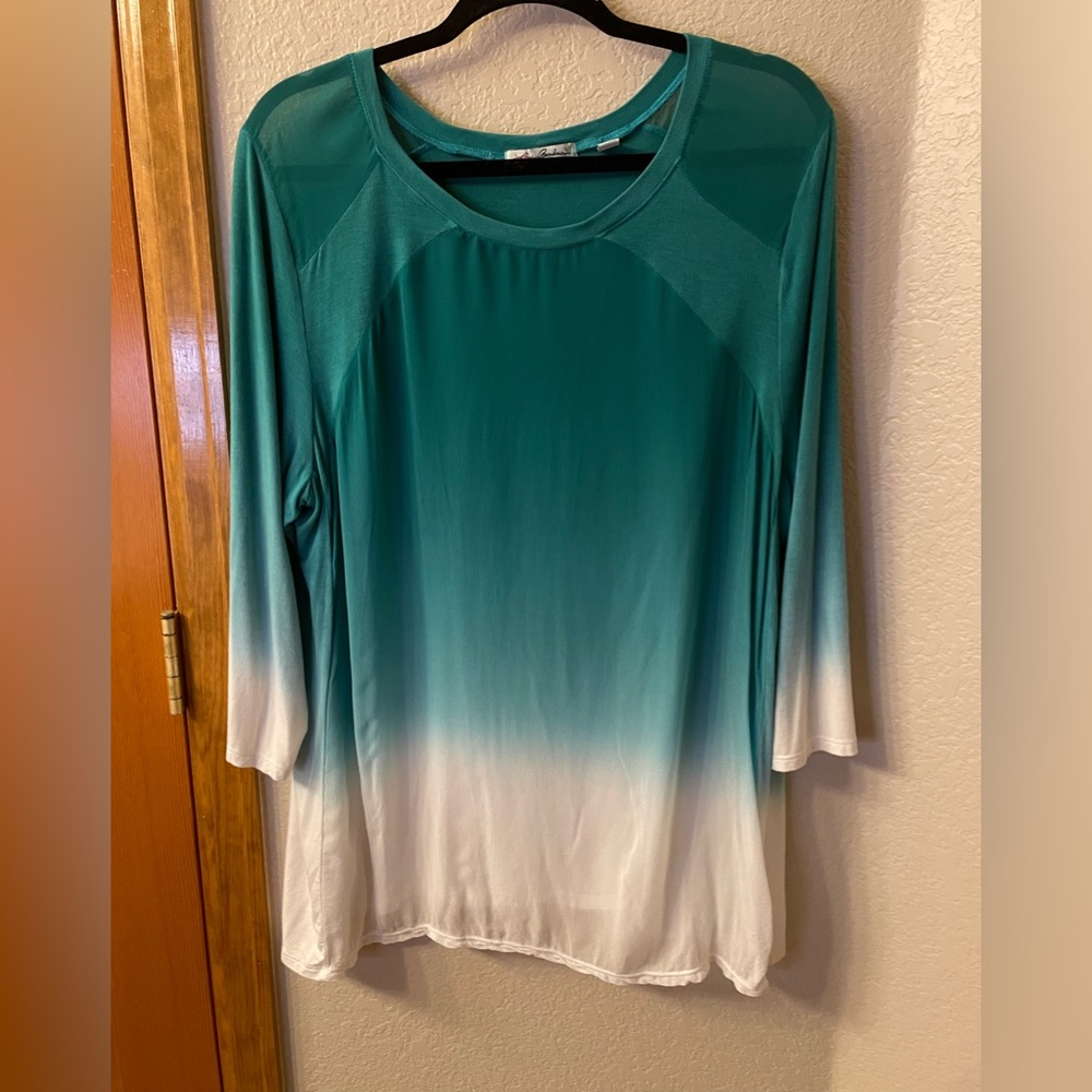 Love Barbara Ombre Stretch Jersey Crewneck Pullover Tunic Top in aqua